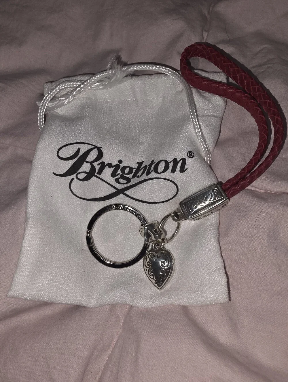 Brighton Red Braided Leather Wristlet Key Ring with Silver Heart Charm